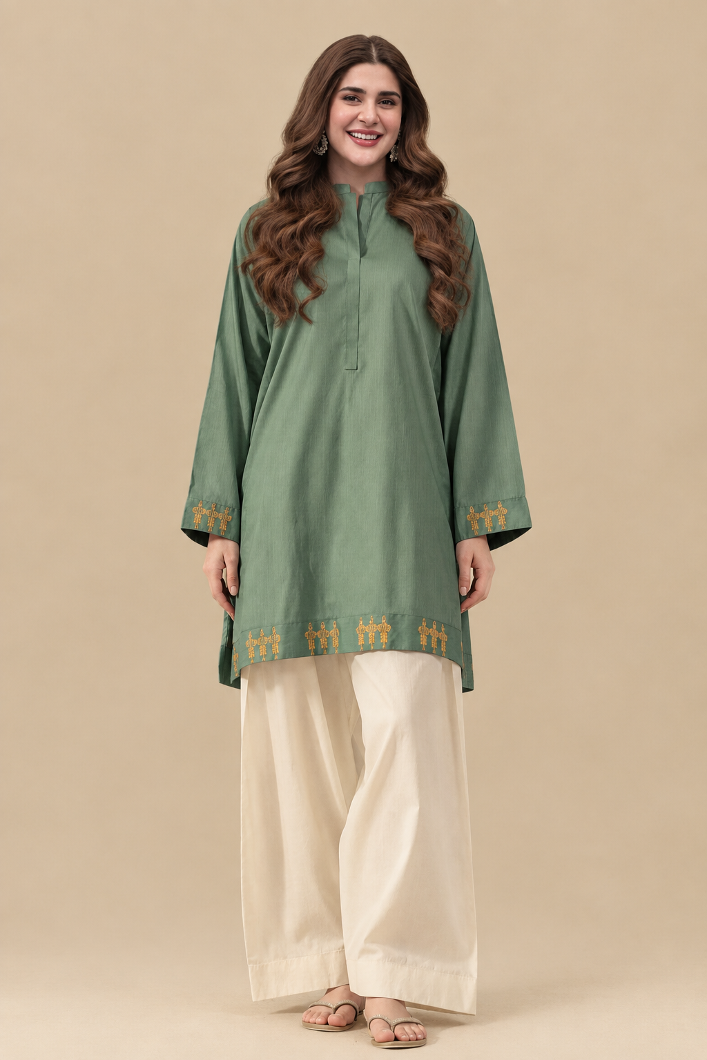 ChatGPT Image Sep 12, 2026, 04_51_31 PM Sage Green Minimal Embroidered Kurti with Off-White Wide-Leg Trousers - Image 1